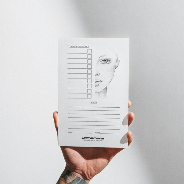 Artist Kit Company Pack of 30 face charts that include half of a face for makeup design and sections for product and application notes.