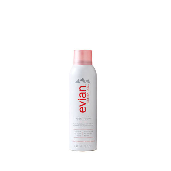 Evian evian® mineral water in an ultra-fine 5 fl oz. mist. Propelled by eco-friendly nitrogen in a white aluminum leak proof canister.