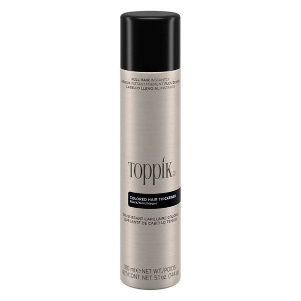 Toppik Colored Hair Thickener is an innovative color spray solution designed to disguise areas of thin or thinning hair, scalp show-through, bald spots, and root re-growth between color appointments. This lightweight, long-lasting hair thickener is gentle on the scalp and safe for everyday use. Available in 4 shades that resist wind, rain, and perspiration. Use with Toppik Hair Fibers for additional coverage and natural texture.
Easily shampoos out. Won't clog pores. Available in a 5.1 oz/144g bottle.