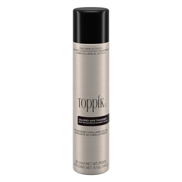 Toppik Colored Hair Thickener is an innovative color spray solution designed to disguise areas of thin or thinning hair, scalp show-through, bald spots, and root re-growth between color appointments. This lightweight, long-lasting hair thickener is gentle on the scalp and safe for everyday use. Available in 4 shades that resist wind, rain, and perspiration. Use with Toppik Hair Fibers for additional coverage and natural texture.
Easily shampoos out. Won't clog pores. Available in a 5.1 oz/144g bottle.