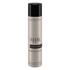 Toppik Colored Hair Thickener is an innovative color spray solution designed to disguise areas of thin or thinning hair, scalp show-through, bald spots, and root re-growth between color appointments. This lightweight, long-lasting hair thickener is gentle on the scalp and safe for everyday use. Available in 4 shades that resist wind, rain, and perspiration. Use with Toppik Hair Fibers for additional coverage and natural texture.
Easily shampoos out. Won't clog pores. Available in a 5.1 oz/144g bottle.