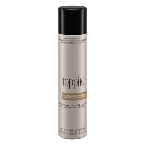 Toppik Colored Hair Thickener is an innovative color spray solution designed to disguise areas of thin or thinning hair, scalp show-through, bald spots, and root re-growth between color appointments. This lightweight, long-lasting hair thickener is gentle on the scalp and safe for everyday use. Available in 4 shades that resist wind, rain, and perspiration. Use with Toppik Hair Fibers for additional coverage and natural texture.
Easily shampoos out. Won't clog pores. Available in a 5.1 oz/144g bottle.