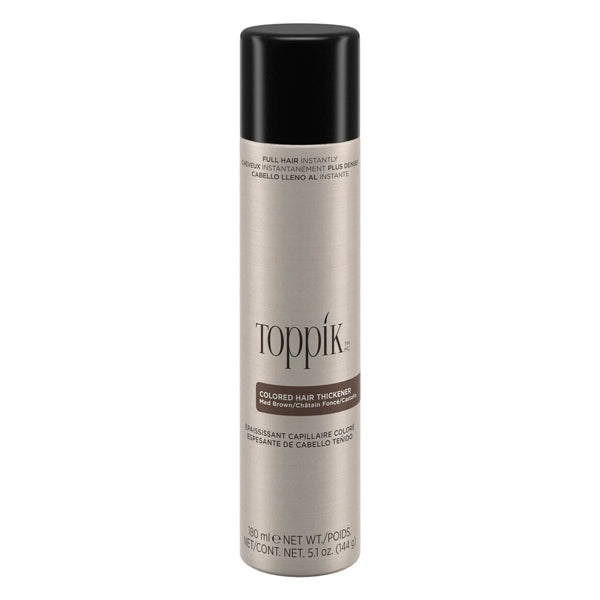 Toppik Colored Hair Thickener is an innovative color spray solution designed to disguise areas of thin or thinning hair, scalp show-through, bald spots, and root re-growth between color appointments. This lightweight, long-lasting hair thickener is gentle on the scalp and safe for everyday use. Available in 4 shades that resist wind, rain, and perspiration. Use with Toppik Hair Fibers for additional coverage and natural texture.
Easily shampoos out. Won't clog pores. Available in a 5.1 oz/144g bottle.