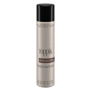 Toppik Colored Hair Thickener is an innovative color spray solution designed to disguise areas of thin or thinning hair, scalp show-through, bald spots, and root re-growth between color appointments. This lightweight, long-lasting hair thickener is gentle on the scalp and safe for everyday use. Available in 4 shades that resist wind, rain, and perspiration. Use with Toppik Hair Fibers for additional coverage and natural texture.
Easily shampoos out. Won't clog pores. Available in a 5.1 oz/144g bottle.